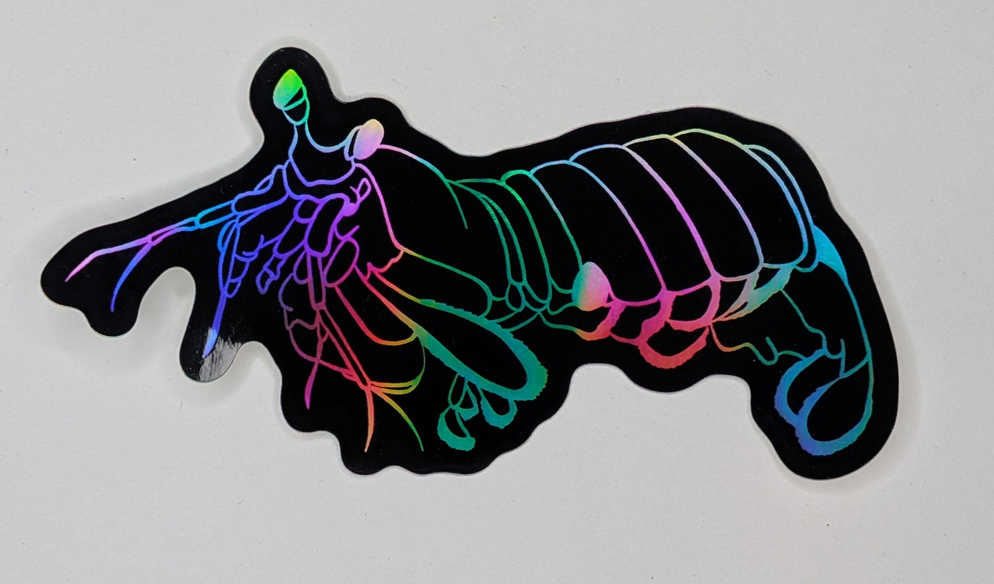 Holographic peacock mantis shrimp sticker on white background