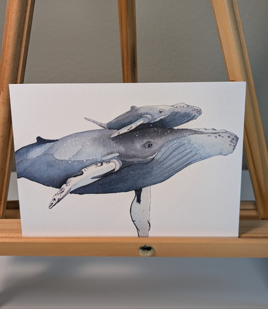 Illustration of two humpback whales on a white background displayed on a wooden easel.